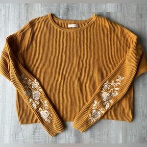 L.A. HEARTS Gold Ribbed Sweater with Rose Embroidery on Long Sleeves Size Small